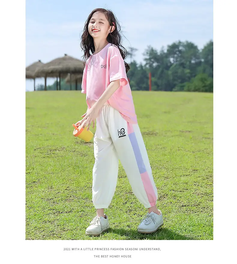 Girls Pink Track Suit Summer Casual Two-Piece Set — feature 5