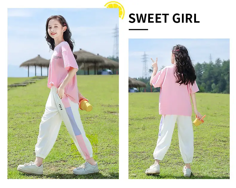 Girls Pink Track Suit Summer Casual Two-Piece Set — feature 7