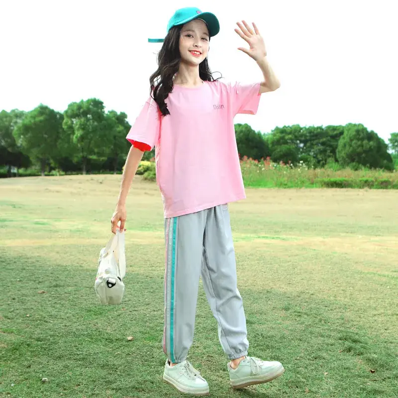 Girls Pink Track Suit Summer Casual Two-Piece Set - Image 4