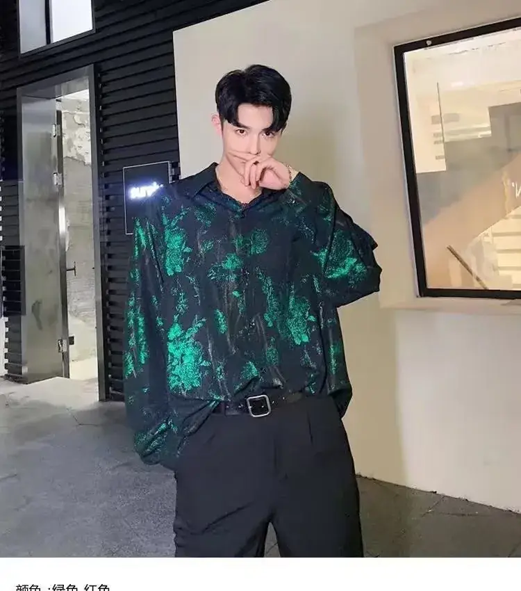 2023 Men's Retro Green Printed Shirt Loose Fit — feature 2