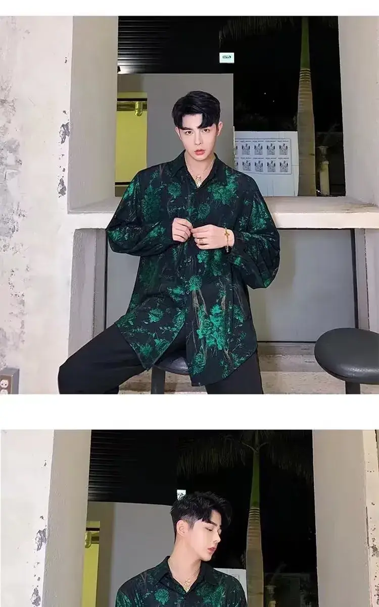 2023 Men's Retro Green Printed Shirt Loose Fit — feature 3