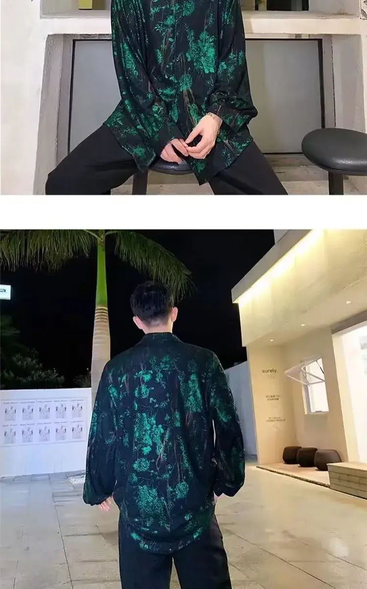 2023 Men's Retro Green Printed Shirt Loose Fit — feature 4