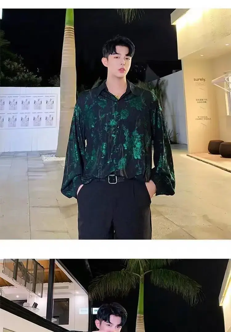 2023 Men's Retro Green Printed Shirt Loose Fit — feature 5