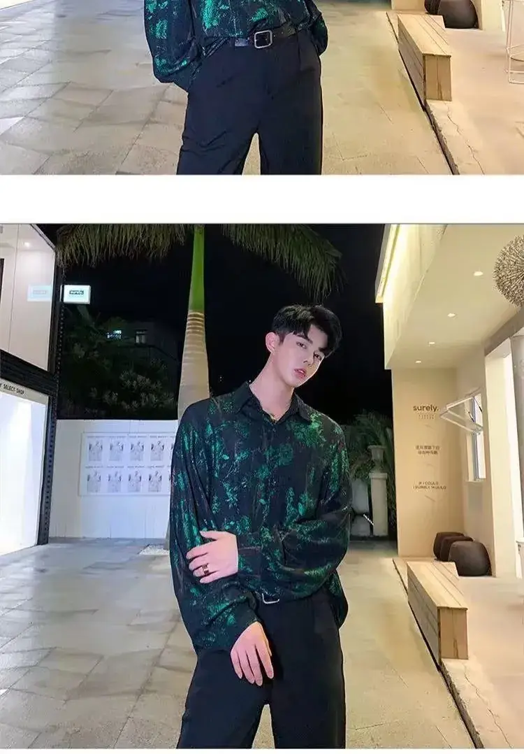 2023 Men's Retro Green Printed Shirt Loose Fit — feature 7