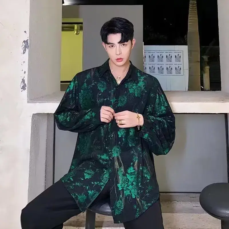 2023 Men's Retro Green Printed Shirt Loose Fit - Image 2