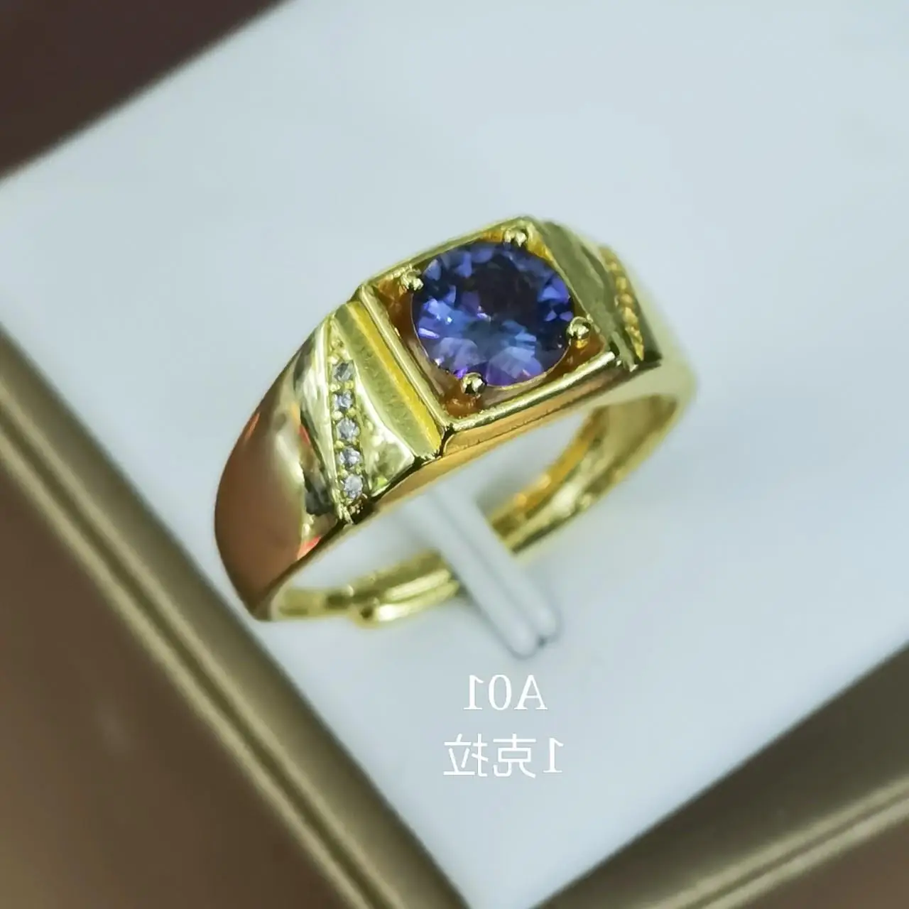 Men's Gold Plated Moissanite Ring with Blue Stone - Image 4