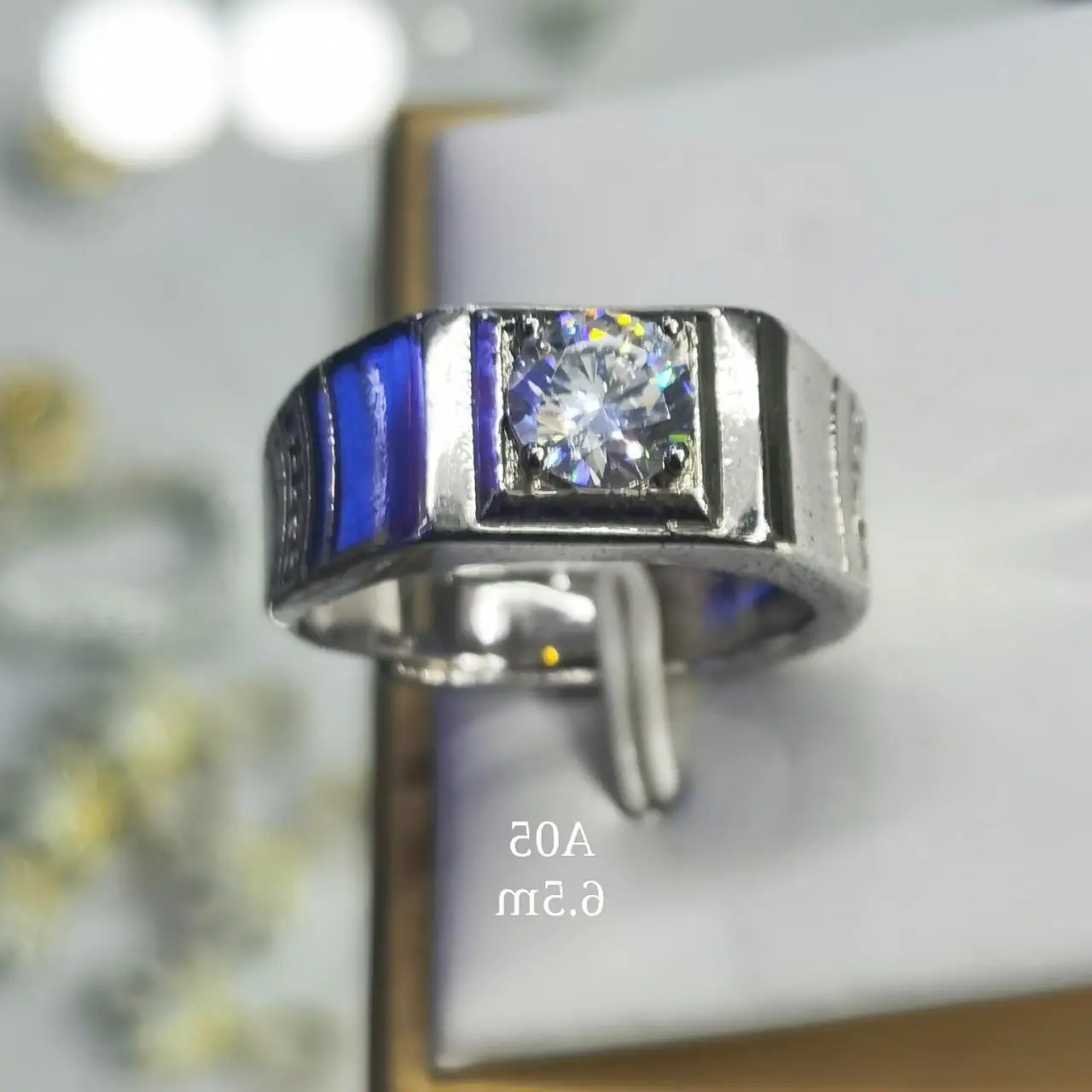 Men's Gold Plated Moissanite Ring with Blue Stone - Image 5