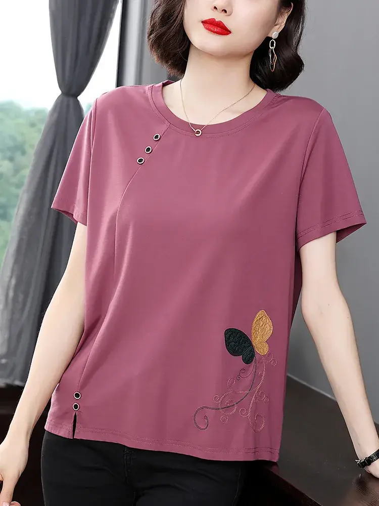 Middle-Aged Women Orange Embroidered T-Shirt Large
