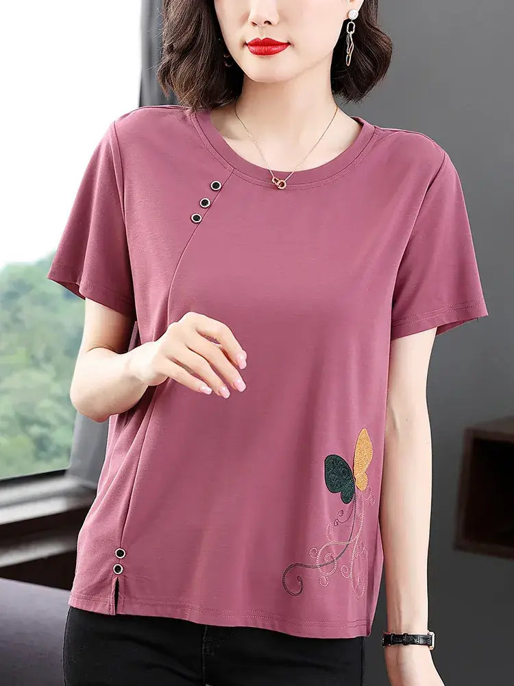 Middle-Aged Women Orange Embroidered T-Shirt Large