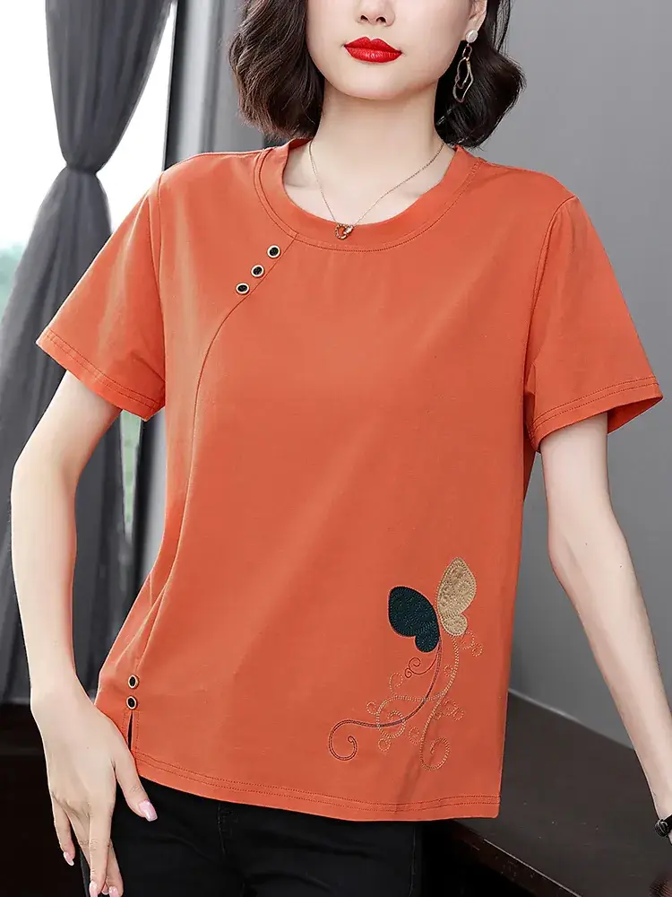 Middle-Aged Women Orange Embroidered T-Shirt Large