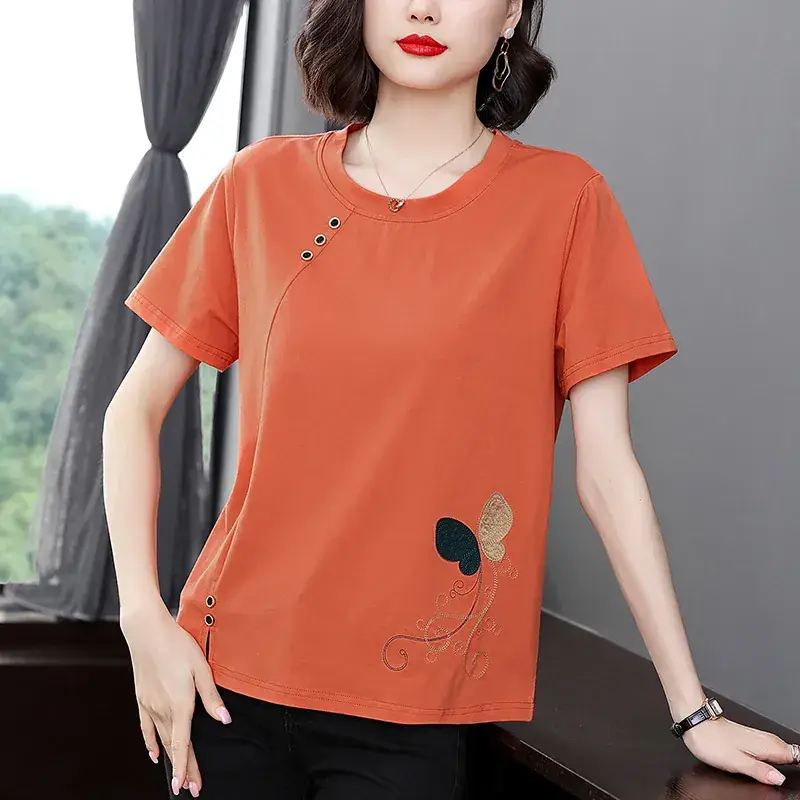 Middle-Aged Women Orange Embroidered T-Shirt Large