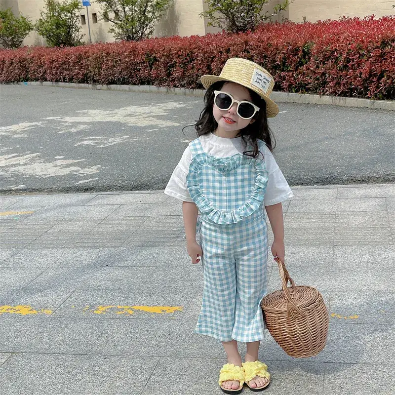 2023 Summer Girl Plaid Crop Pants Wooden Hat - Image 2