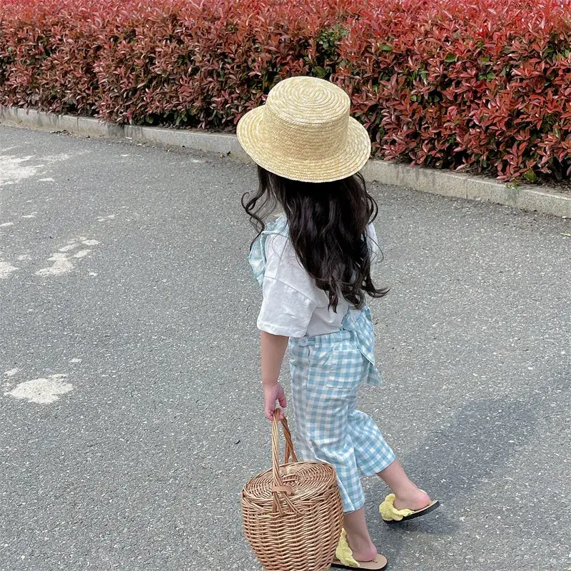 2023 Summer Girl Plaid Crop Pants Wooden Hat - Image 5