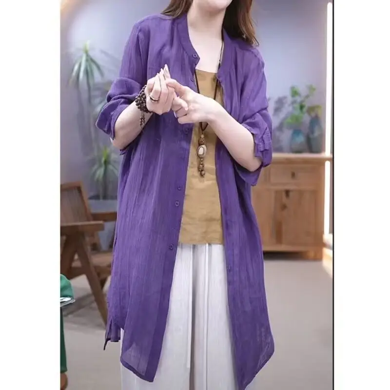 Women's Purple Long Sleeve Shirt with Hip Covering Outerwear Set — feature 11