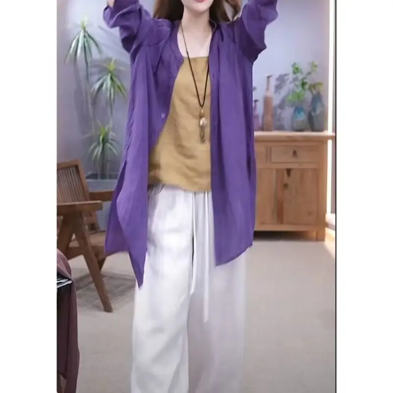 Women's Purple Long Sleeve Shirt with Hip Covering Outerwear Set — feature 12