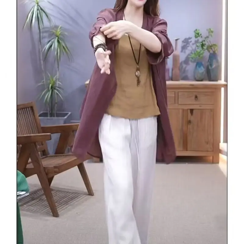 Women's Purple Long Sleeve Shirt with Hip Covering Outerwear Set — feature 14