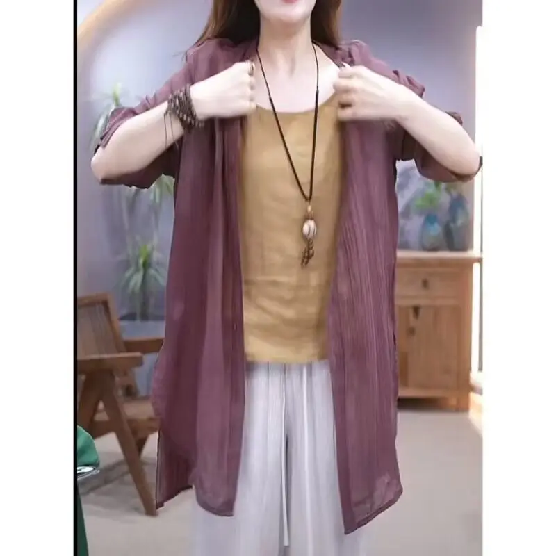 Women's Purple Long Sleeve Shirt with Hip Covering Outerwear Set — feature 15