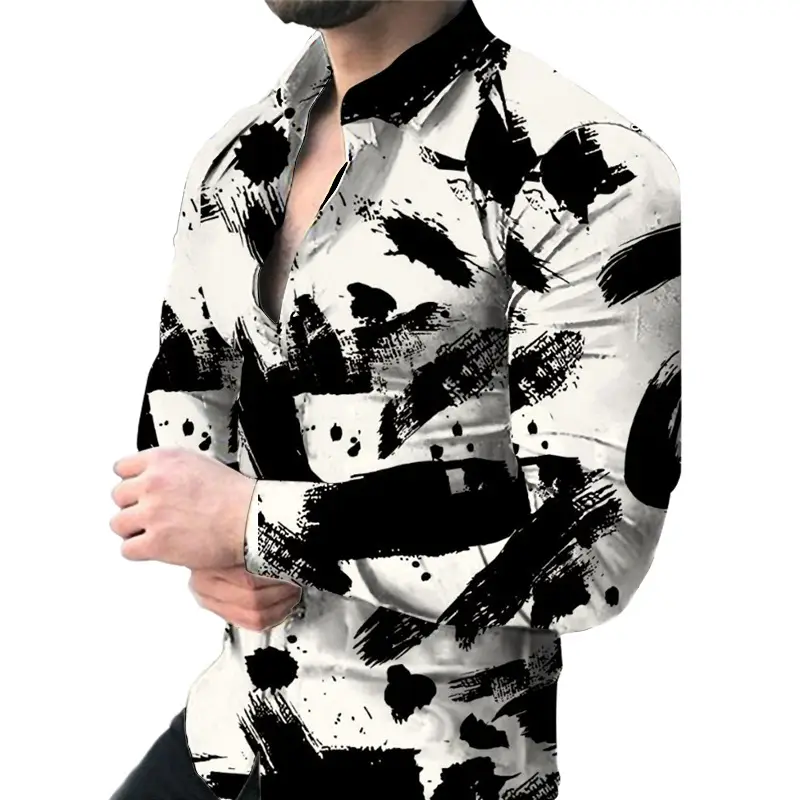 Men 3D Digital Print Long Sleeve Collared Shirt Black Orange Snake Pattern - Image 8