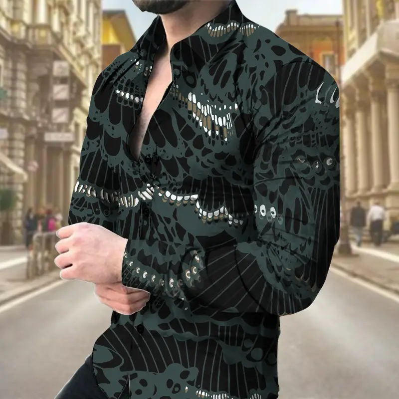 Men 3D Digital Print Long Sleeve Collared Shirt Black Orange Snake Pattern - Image 10
