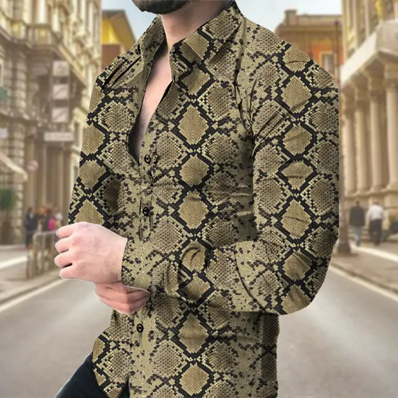 Men 3D Digital Print Long Sleeve Collared Shirt Black Orange Snake Pattern - Image 9