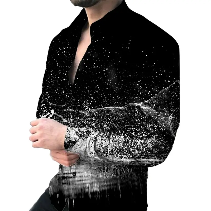 Men 3D Digital Print Long Sleeve Collared Shirt Black Orange Snake Pattern - Image 5