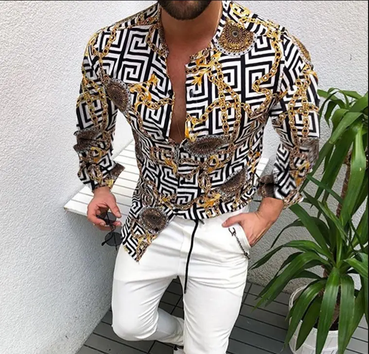 Men 3D Digital Print Long Sleeve Collared Shirt Black Orange Snake Pattern - Image 12