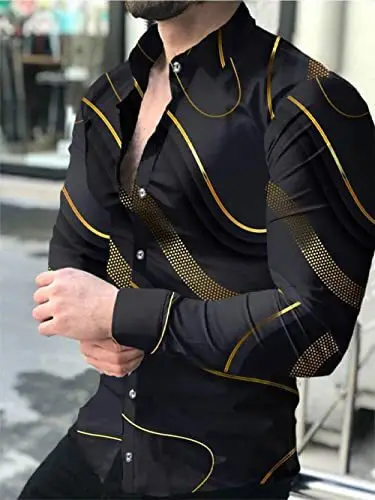 Men 3D Digital Print Long Sleeve Collared Shirt Black Orange Snake Pattern - Image 13