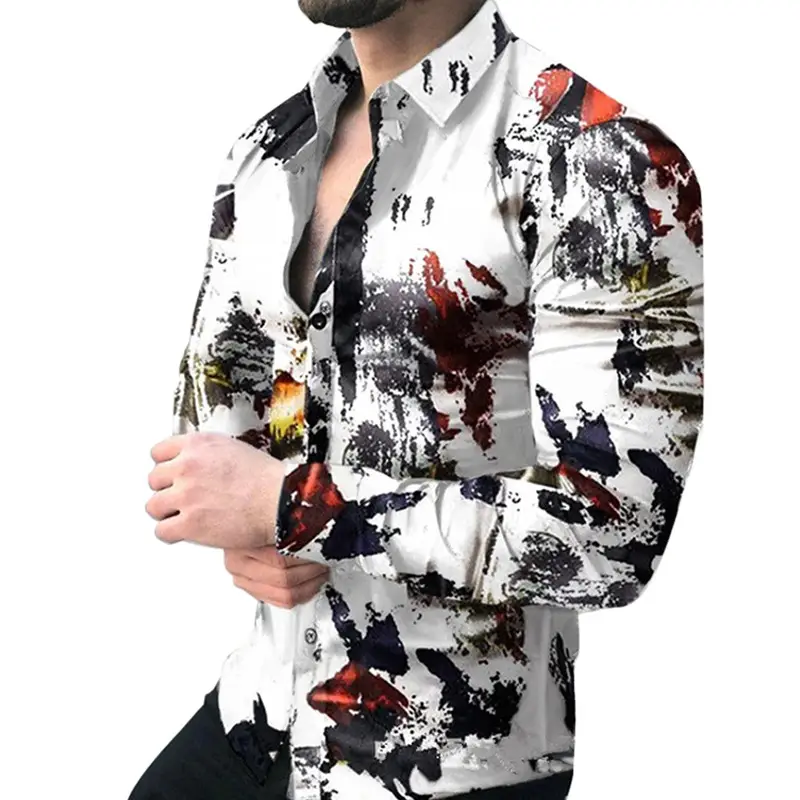 Men 3D Digital Print Long Sleeve Collared Shirt Black Orange Snake Pattern - Image 14