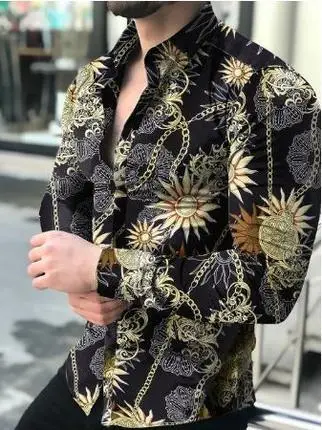 Men 3D Digital Print Long Sleeve Collared Shirt Black Orange Snake Pattern - Image 15
