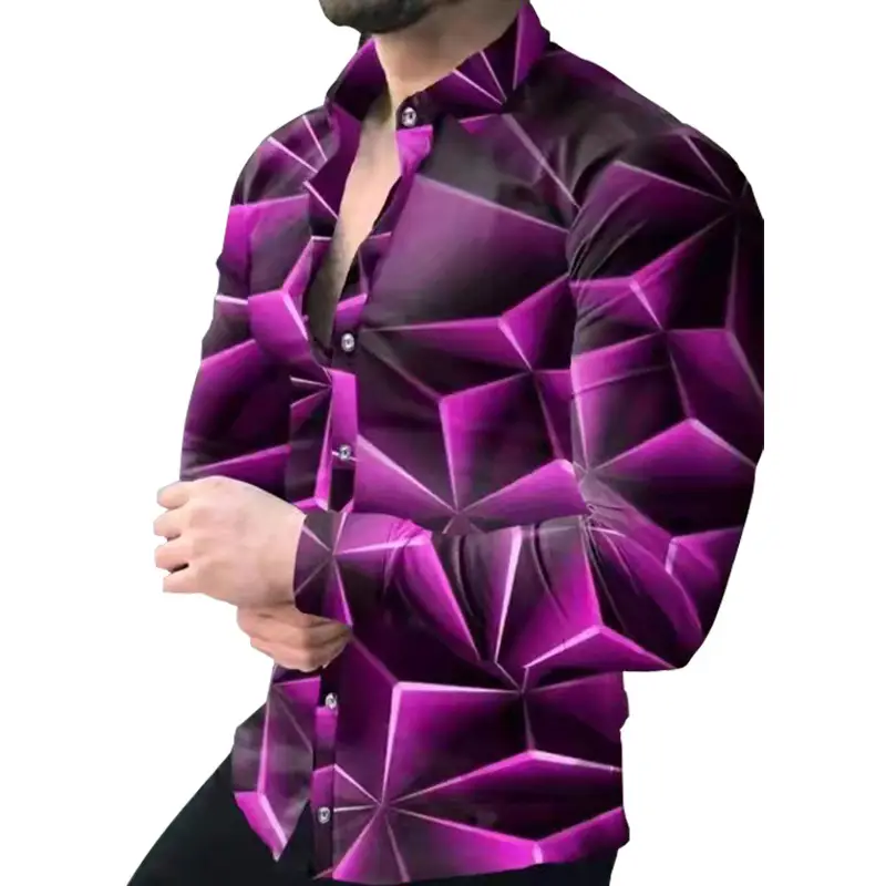Men 3D Digital Print Long Sleeve Collared Shirt Black Orange Snake Pattern - Image 16