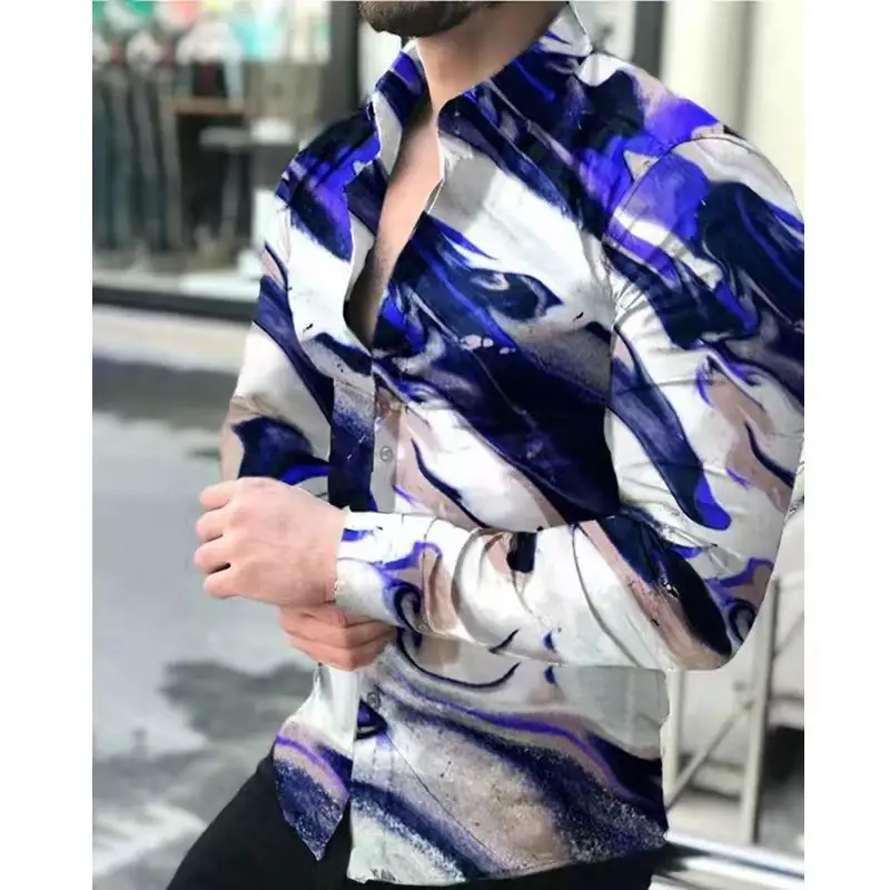 Men 3D Digital Print Long Sleeve Collared Shirt Black Orange Snake Pattern - Image 17