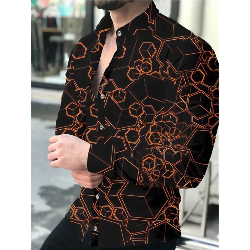 Men 3D Digital Print Long Sleeve Collared Shirt Black Orange Snake Pattern - Image 18