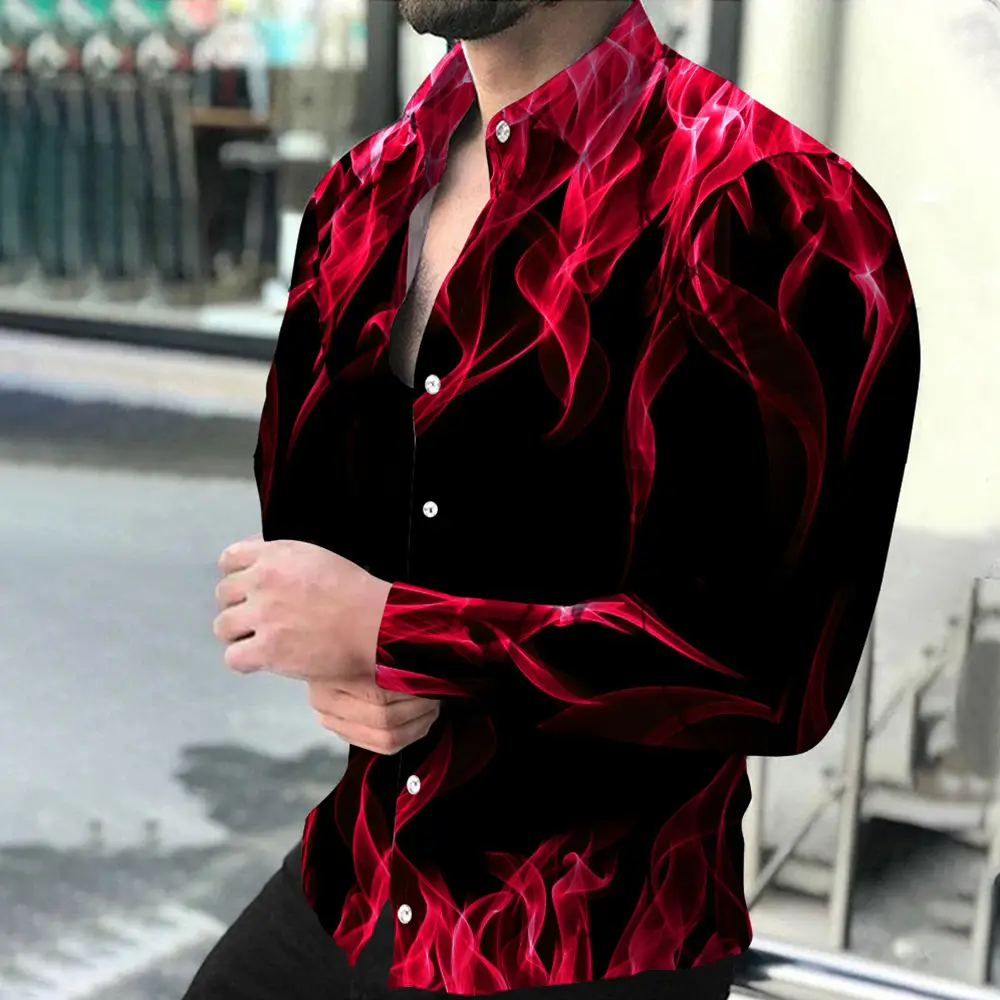 Men 3D Digital Print Long Sleeve Collared Shirt Black Orange Snake Pattern - Image 20