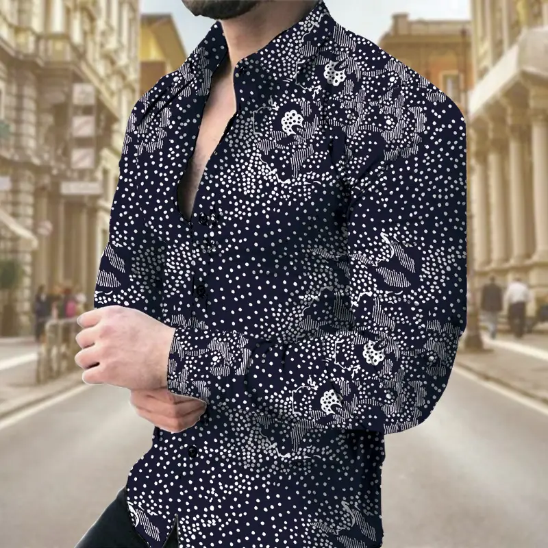Men 3D Digital Print Long Sleeve Collared Shirt Black Orange Snake Pattern - Image 3