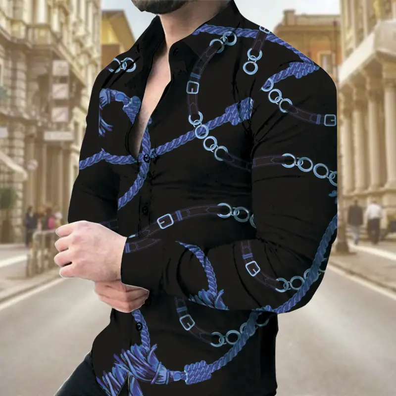 Men 3D Digital Print Long Sleeve Collared Shirt Black Orange Snake Pattern - Image 4