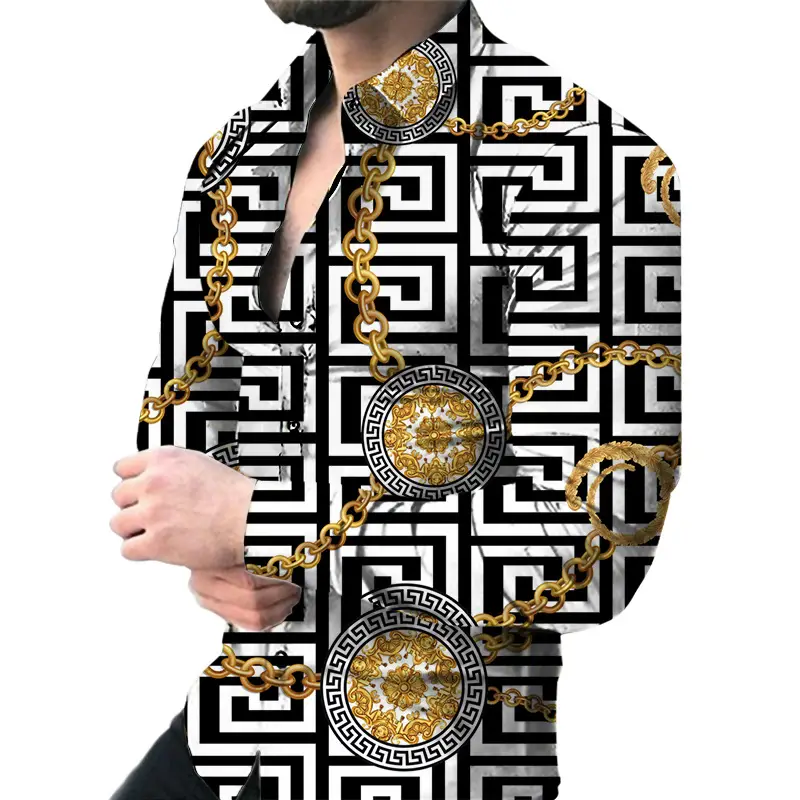 Men 3D Digital Print Long Sleeve Collared Shirt Black Orange Snake Pattern - Image 6