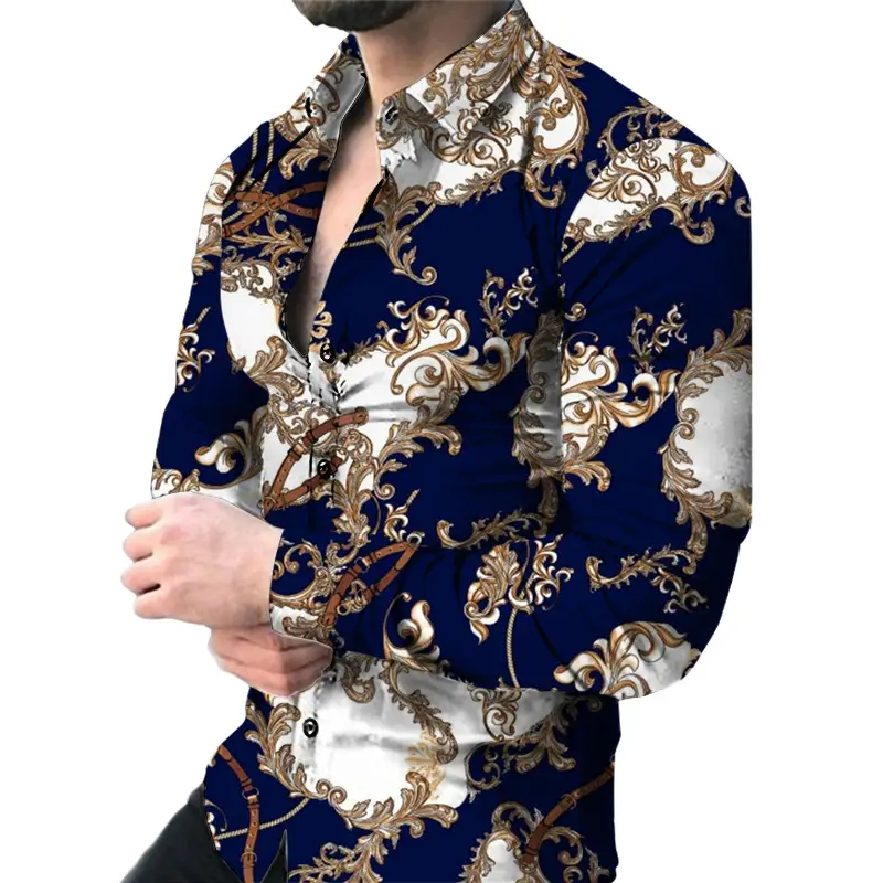 Men 3D Digital Print Long Sleeve Collared Shirt Black Orange Snake Pattern - Image 7
