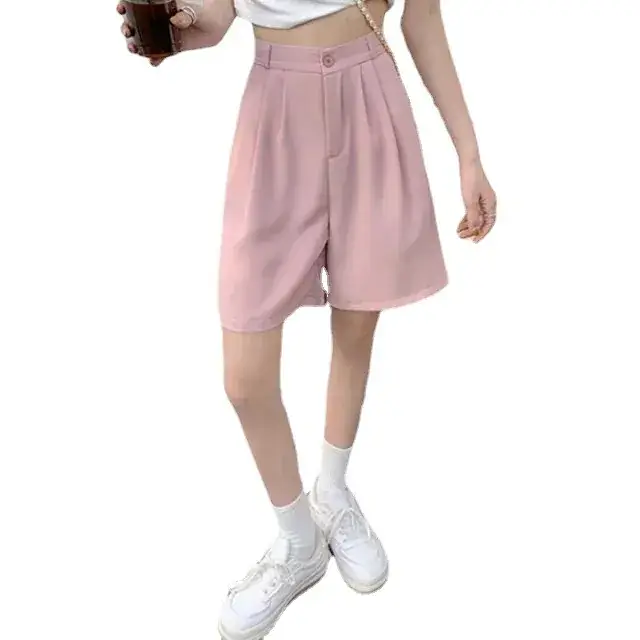 Female Shorts Set Pink Wide Leg High Waist Macaron Silk - Image 11