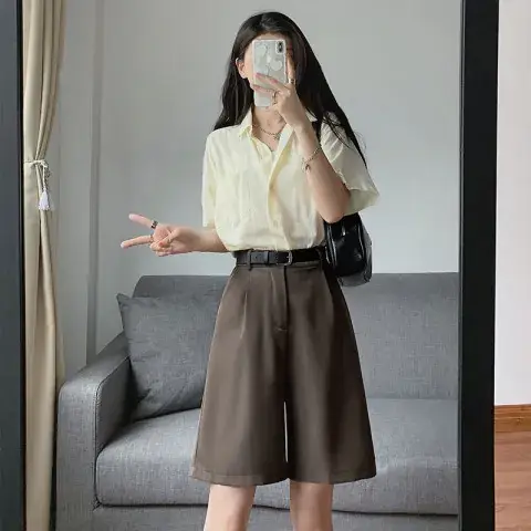 Female Shorts Set Pink Wide Leg High Waist Macaron Silk - Image 4