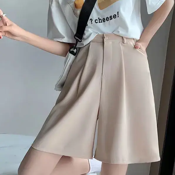 Female Shorts Set Pink Wide Leg High Waist Macaron Silk - Image 6