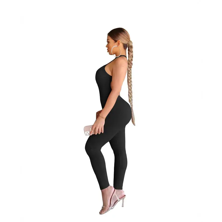 Women's 2023 Cross-border Sling High Waist Sports Jumpsuit Solid Brown - Image 6