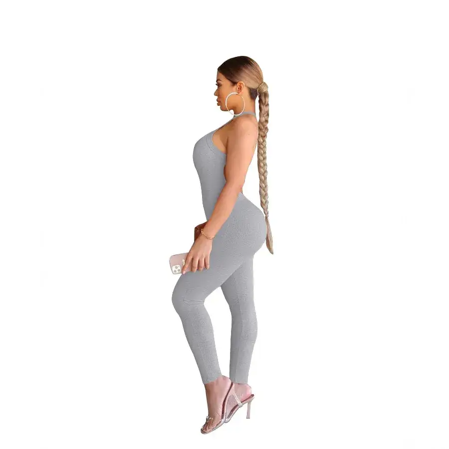 Women's 2023 Cross-border Sling High Waist Sports Jumpsuit Solid Brown - Image 7