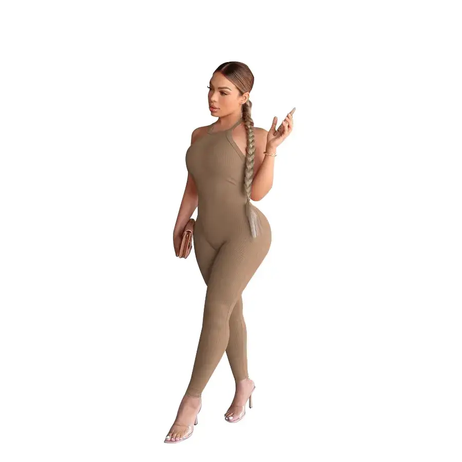 Women's 2023 Cross-border Sling High Waist Sports Jumpsuit Solid Brown - Image 8