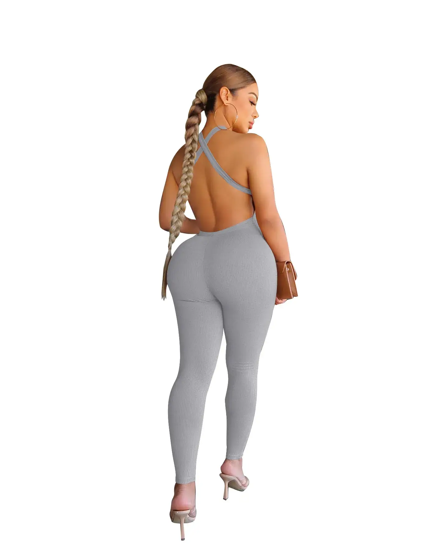 Women's 2023 Cross-border Sling High Waist Sports Jumpsuit Solid Brown — feature 10