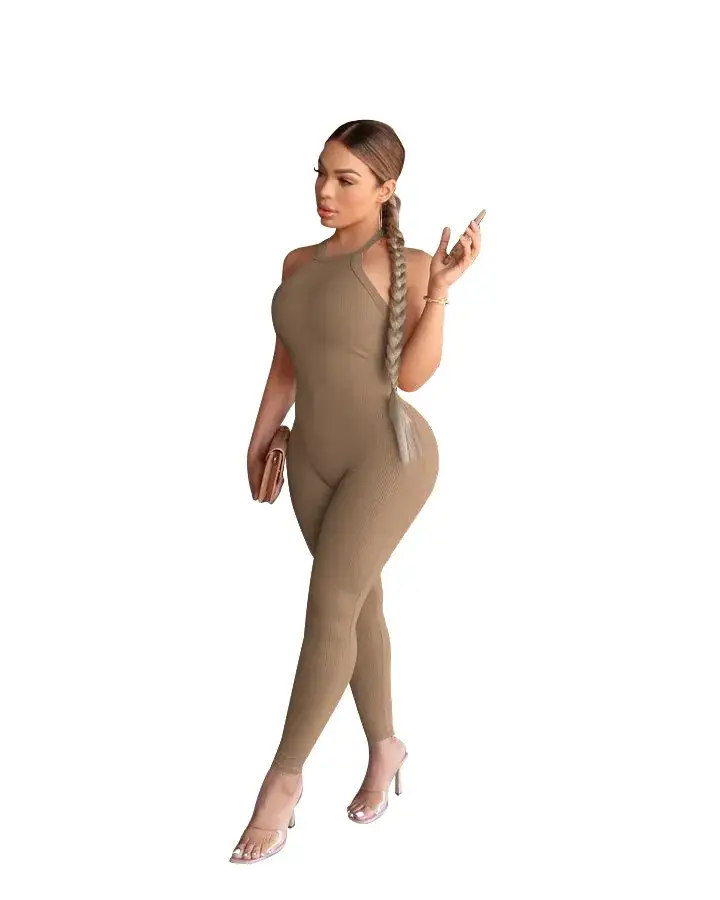 Women's 2023 Cross-border Sling High Waist Sports Jumpsuit Solid Brown — feature 12