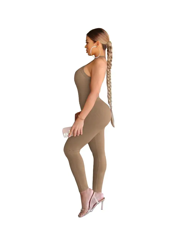 Women's 2023 Cross-border Sling High Waist Sports Jumpsuit Solid Brown — feature 14