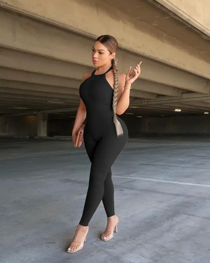Women's 2023 Cross-border Sling High Waist Sports Jumpsuit Solid Brown — feature 15