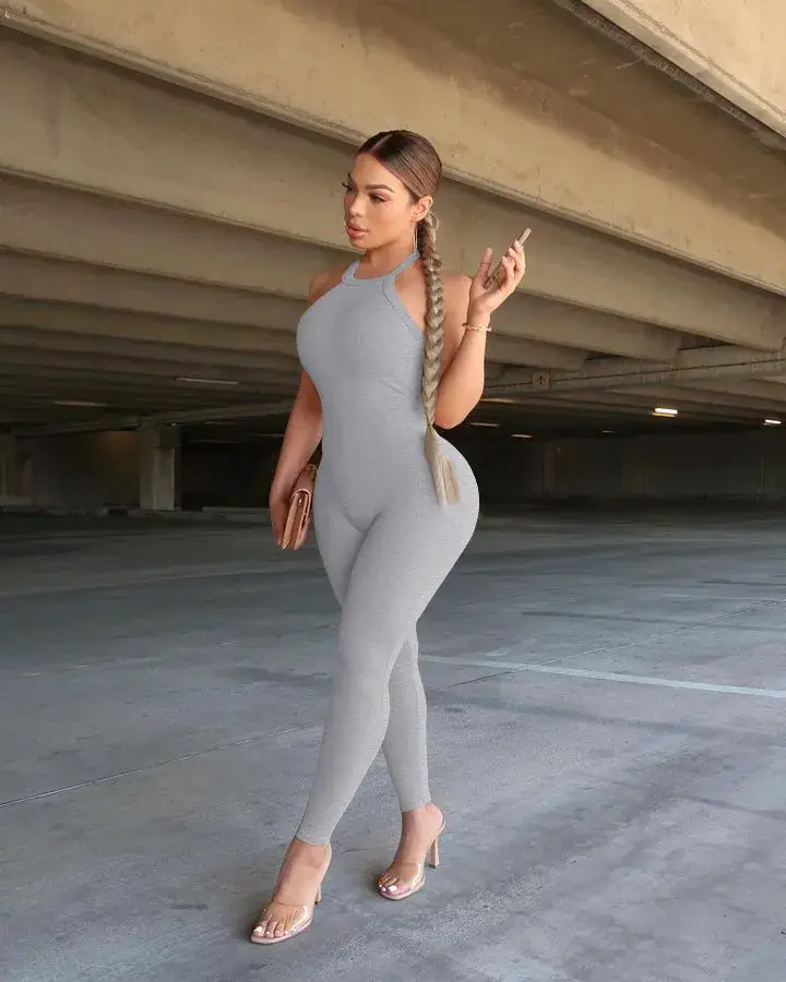 Women's 2023 Cross-border Sling High Waist Sports Jumpsuit Solid Brown — feature 18