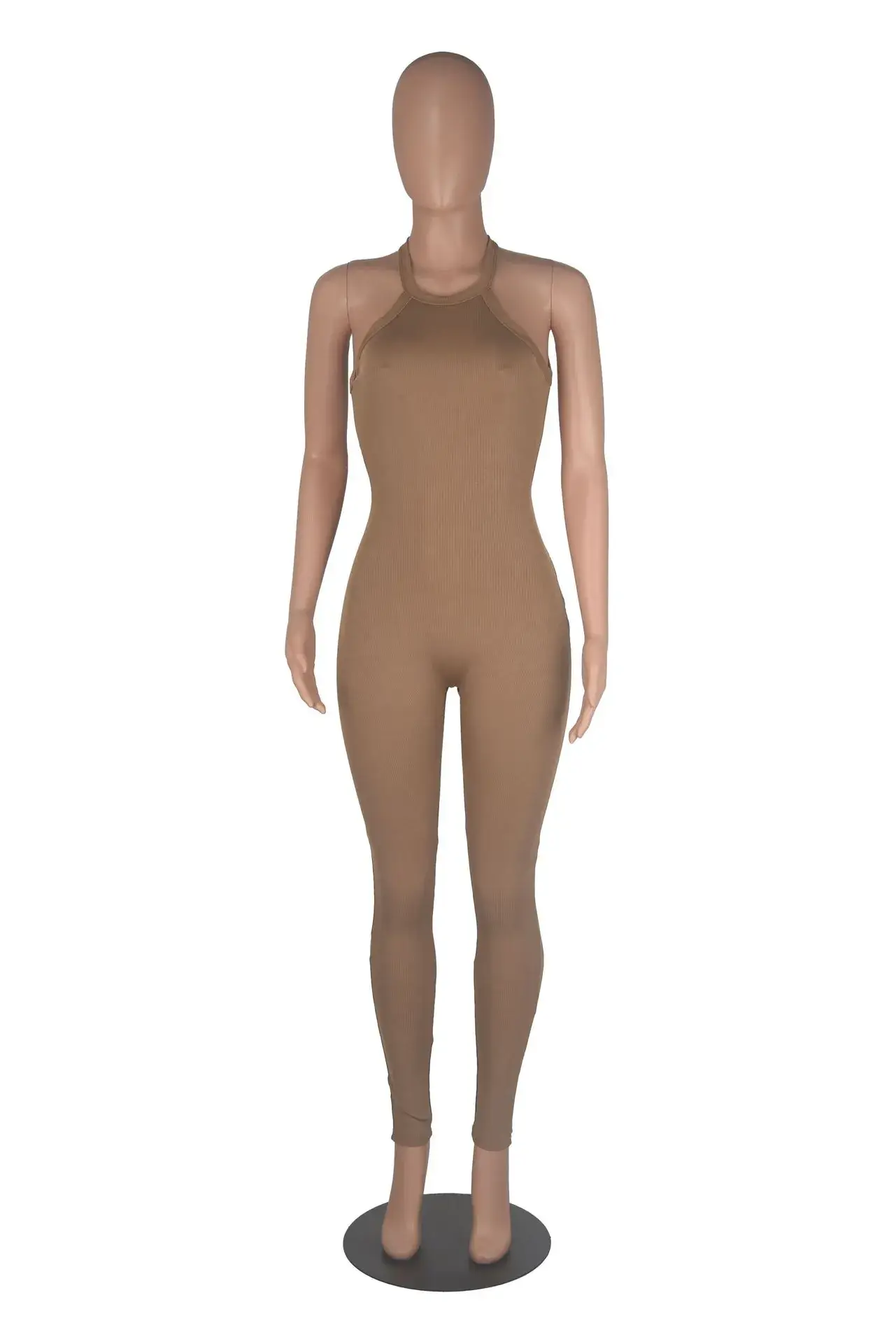 Women's 2023 Cross-border Sling High Waist Sports Jumpsuit Solid Brown — feature 30