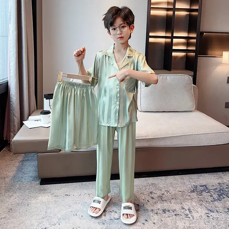 Children's Jacquard Striped Three-Piece Pajamas Summer Home Wear - Image 4